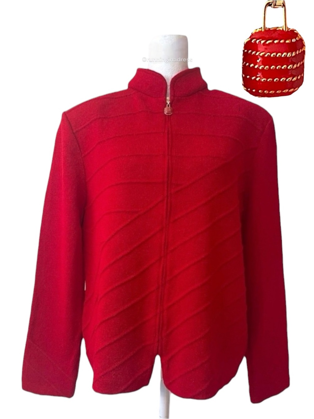 St John Collection Red Santana Knit Zip Jacket 12 Vintage Marie Gray Mock Neck - Picture 2 of 15